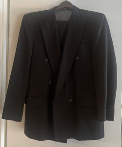 Mario Zignone Men's black wool pinstripe suit; Jacket 42R; Pants 35x30