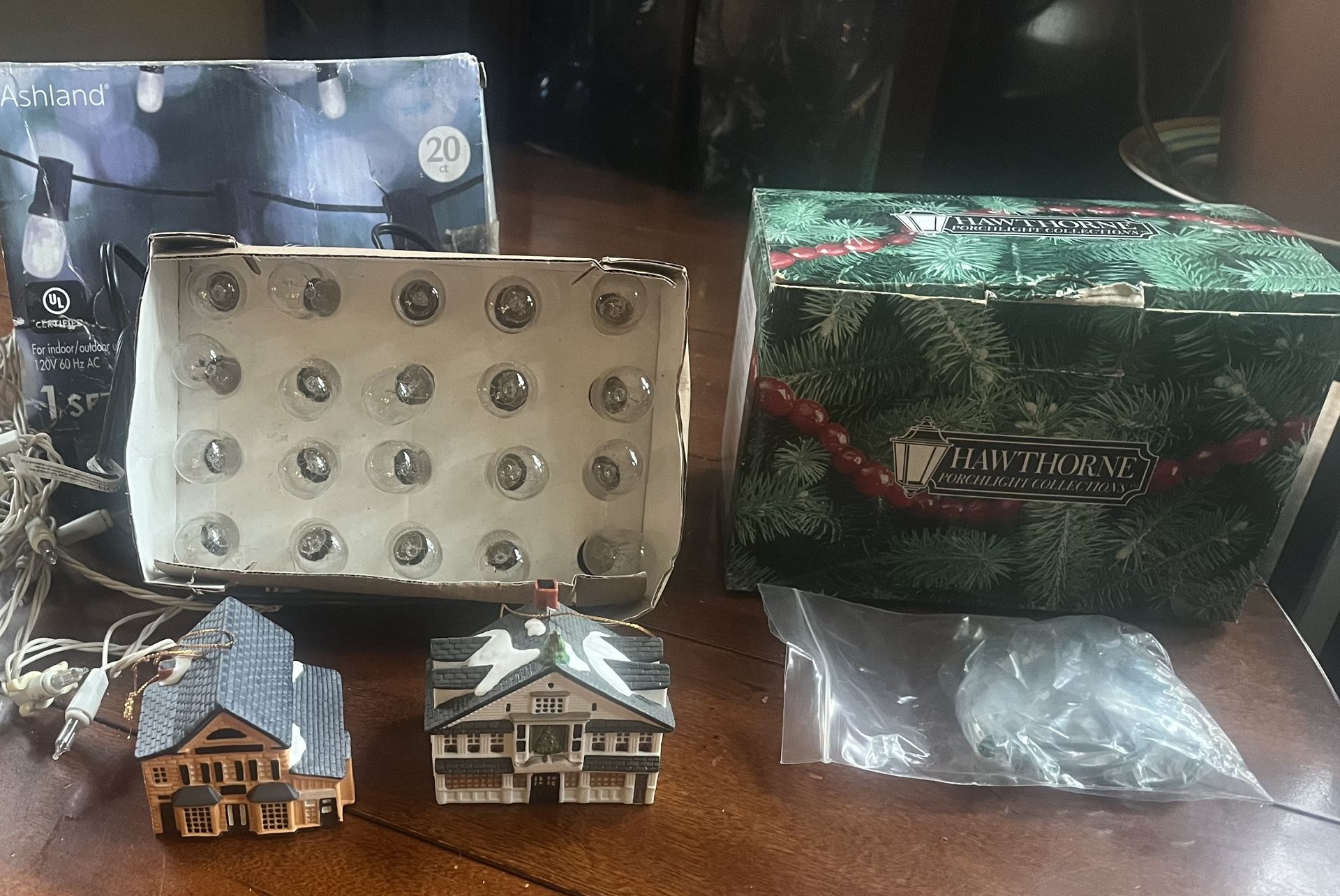 Hawthorne Norman Rockwell Christmas Lighted Ornament Set PLUS 20ct. Clear Mini Edison String Lights