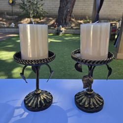 Vintage Metal Pillar Candle Holders With Candles