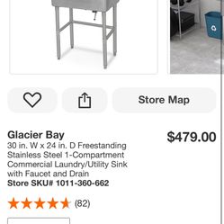 Glacier Bay 30 in. W x 24 in. D Freestanding Stainless Steel 1-Compartment Commercial Laundry/Utility Sink with Faucet and Drain Store SKU# 1011-360-6