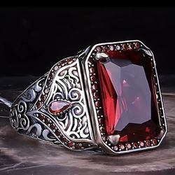 Vintage Design Business Men's Square Cut Red Crystal Zirconia Ring size 10