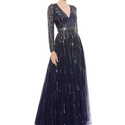 New Mac Duggal 4977 Sequin Illusion Sleeves V-Neck Midnight A-Line Gown 14