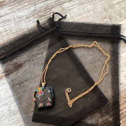 Vintage 14k gold Plated Black Onyx Enamel Carved Elephant Pendant Necklace 22”