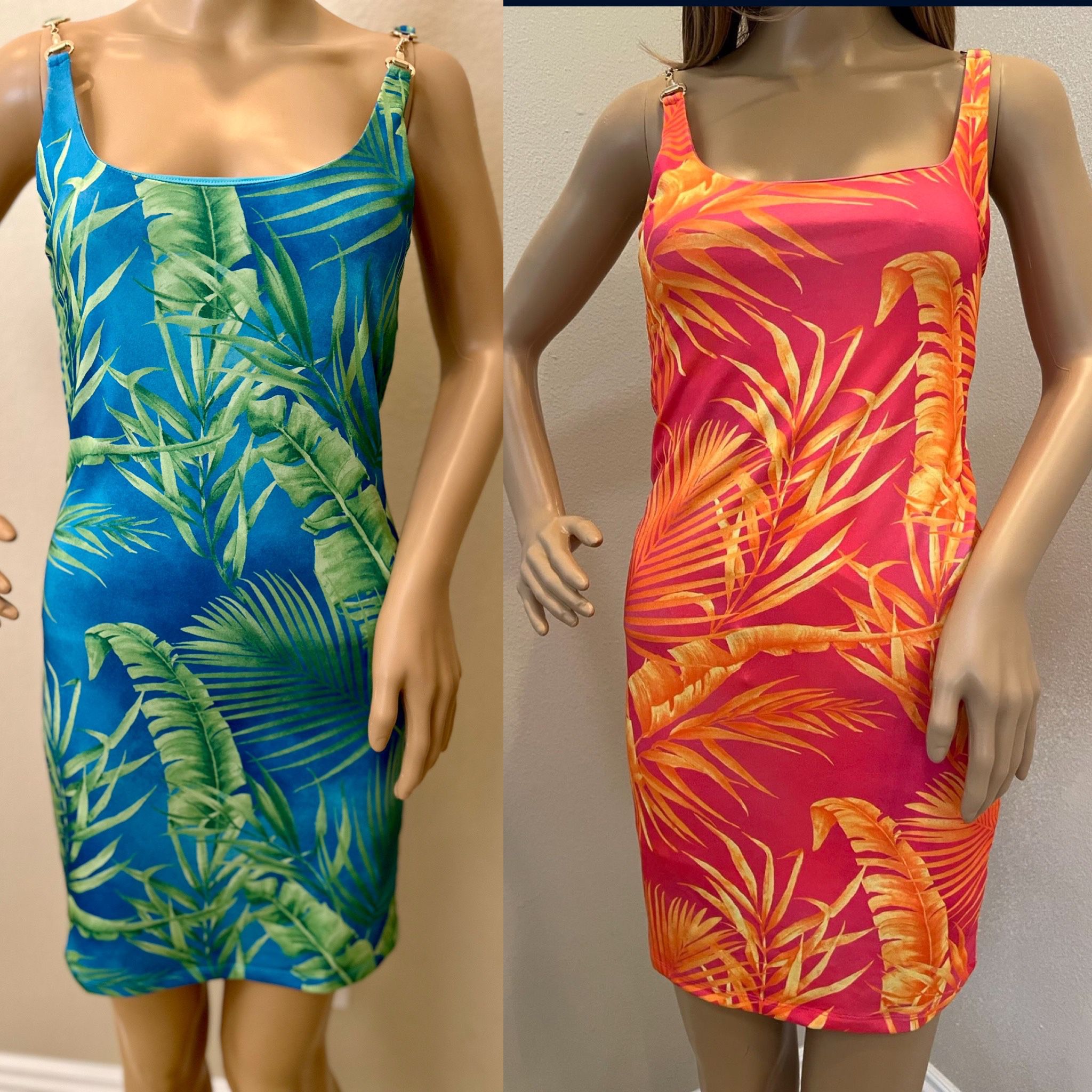 Tropical Leaf Prin Orange Yellow & Blue Green Print Fitted Chain Strap Lined  Tank Dresses 2 Piece Lot