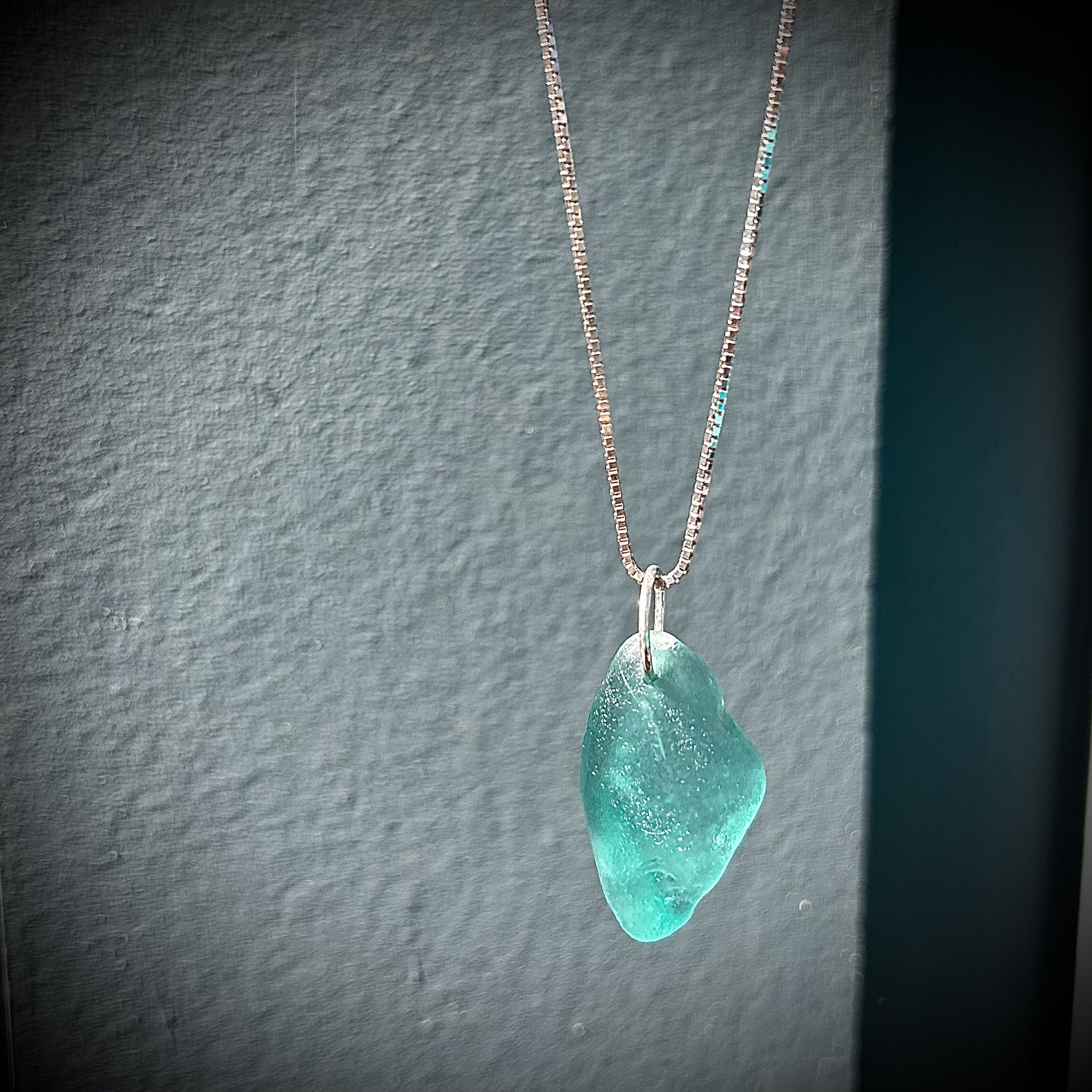 Italian Sea Glass On VINTAGE Italian Silver Necklace 