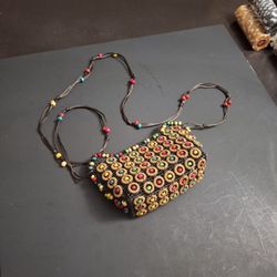Vintage Handmade Bohemian Style Crossbody Bag Crafted W/Natural Coconut Shell Beads & Dyed Wooden Accents, Woven Body, Zip Top W/Beaded Strap
