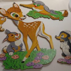 Vintage 1964 Era Disney Bambi Characters Nursery Wall Decor Art Owl Bunny Skunk 