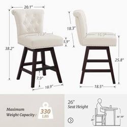 26 in. White Faux Leather Swivel Upholstered Barstool Solid Wood Counter Stool with Nail Head Trim and Tufted Backrest set of 2