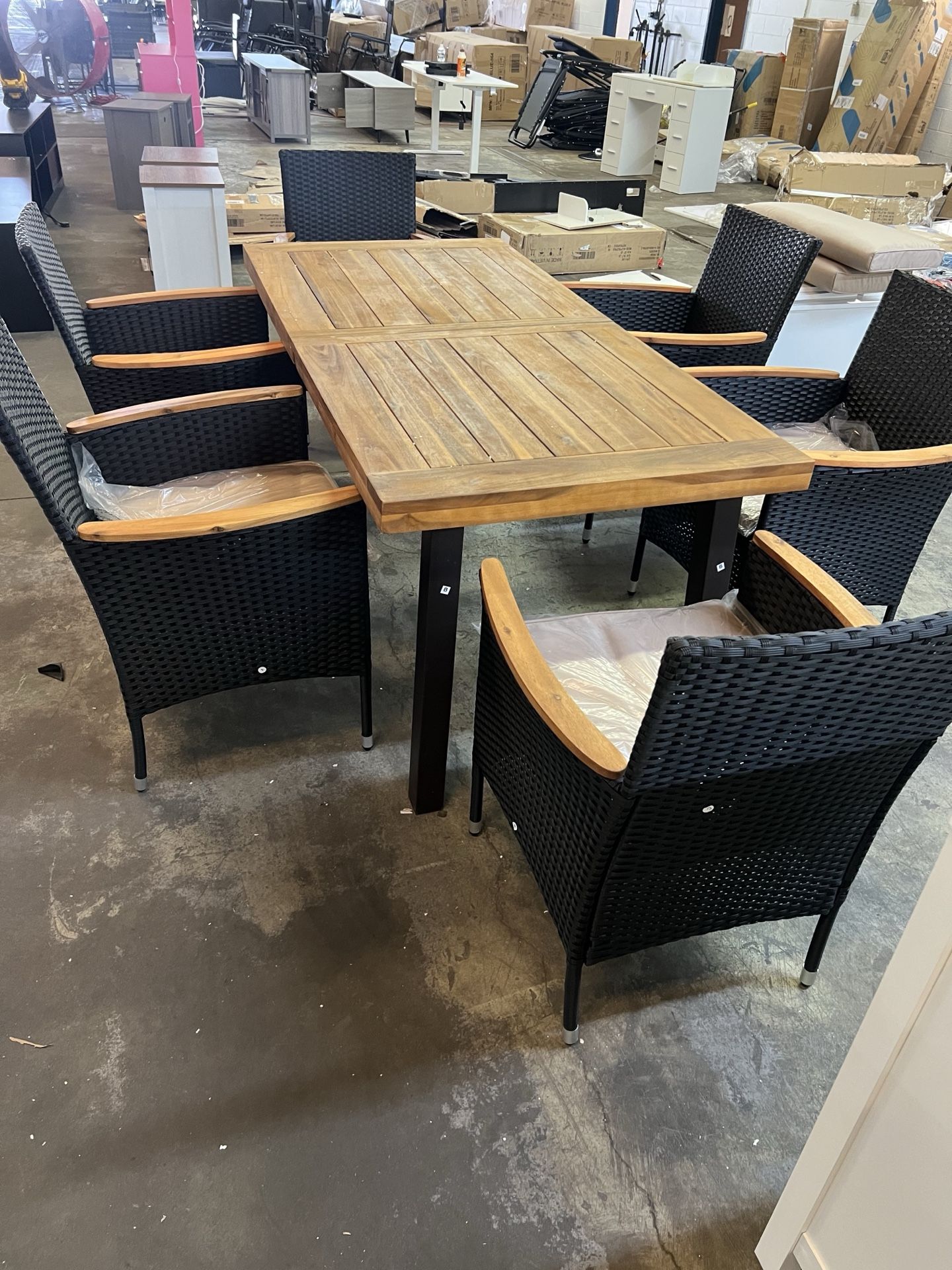 7-Piece Wicker Outdoor Dining Set with Beige Cushions and Acacia Wood Tabletop and Armrest $499