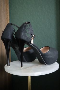 Black Platform Stiletto Heels with Cutout Strap