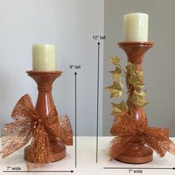Pair of Custom Painted & Decorated Orange Longaberger Resin Candleholders w/ Vanilla Candles