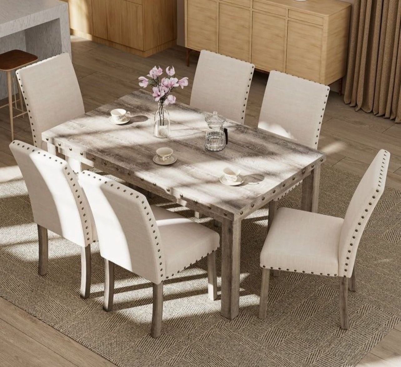 Log Rural Style Dining Table Set Dining Table and Chair Set with a Combination of Linen and Solid Wood