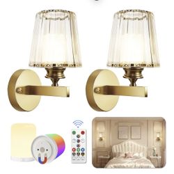 Adetu Crystal Wall Sconces Set of 2, Battery Operated Wall Sconce with Crystal Lampshade and 10000mAh Dimmable Bulbs & Remote, 12RGB and 3CCT Recharge