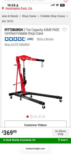 PITTSBURGH 2 Ton Capacity ASME-PASE Certified Foldable Shop Crane