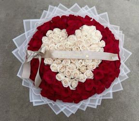 150 Red & White Rose Heart Shaped Bouquet 