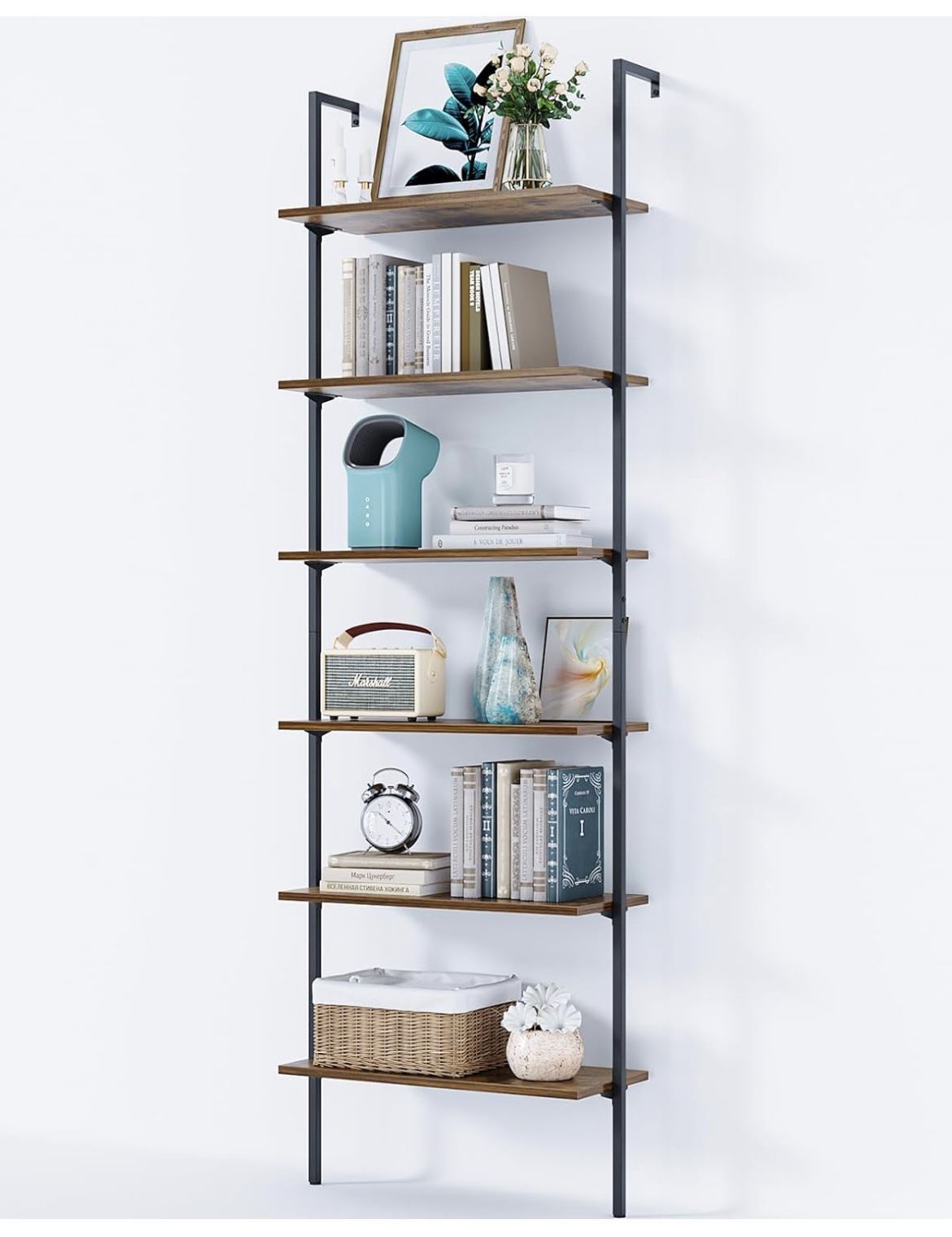 ODK 6-Tier Ladder Shelf, 87 Inches Wall Mounted Ladder Bookshelf with Metal Frame, Open Industrial Shelves for Home Office, Bedroom and Living Room, R