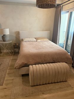 Queen bed frame with box spring and mattress