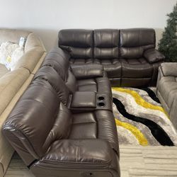 Summer sale event. Madrid brown leather reclining sofa and loveseat set now $1199. Easy finance option. Same day delivery.