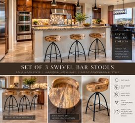 Set of 3 Solid Wood Swivel Bar Stools – Rustic Industrial – Heavy Duty
