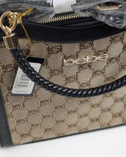Bebe Logo Handbag Tote Satchel Black Gold Trim Shoulder Bag New With Tags