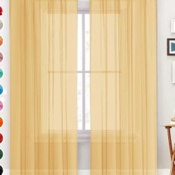 Basic Rod Pocket Sheer Voile Window Curtain Panels Gold 2 Pair 4 Panels 54 Width 108 Inch Long for Kitchen Bedroom Children Living Room Yard（Gold, cha