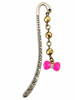 Pink Bow Charm Beaded Metal Bookmark – Silver & Gold-Tone