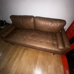 Vintage Style Mid Century Modern Crackle Faux Brown Leather Tufted Sofa