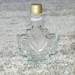 Canadian Clear Glass Maple Leaf Syrup Bottle Jar Gold Tone Lid 4.5" Empty