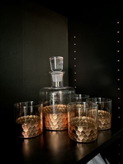 Beautiful Hammered Copper and Glass Decanter w/ Glasses