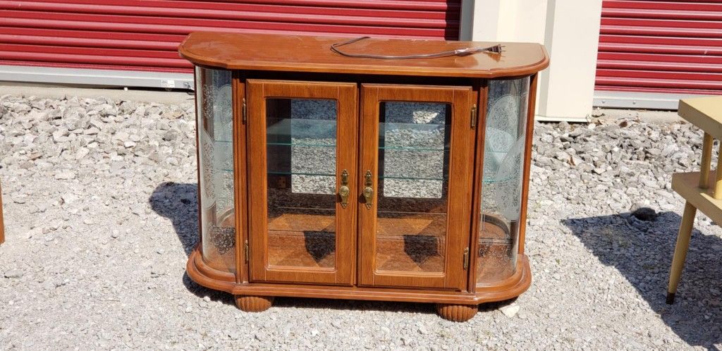 Wood Curved Glass Display Cabinet Side Stand - Lighted