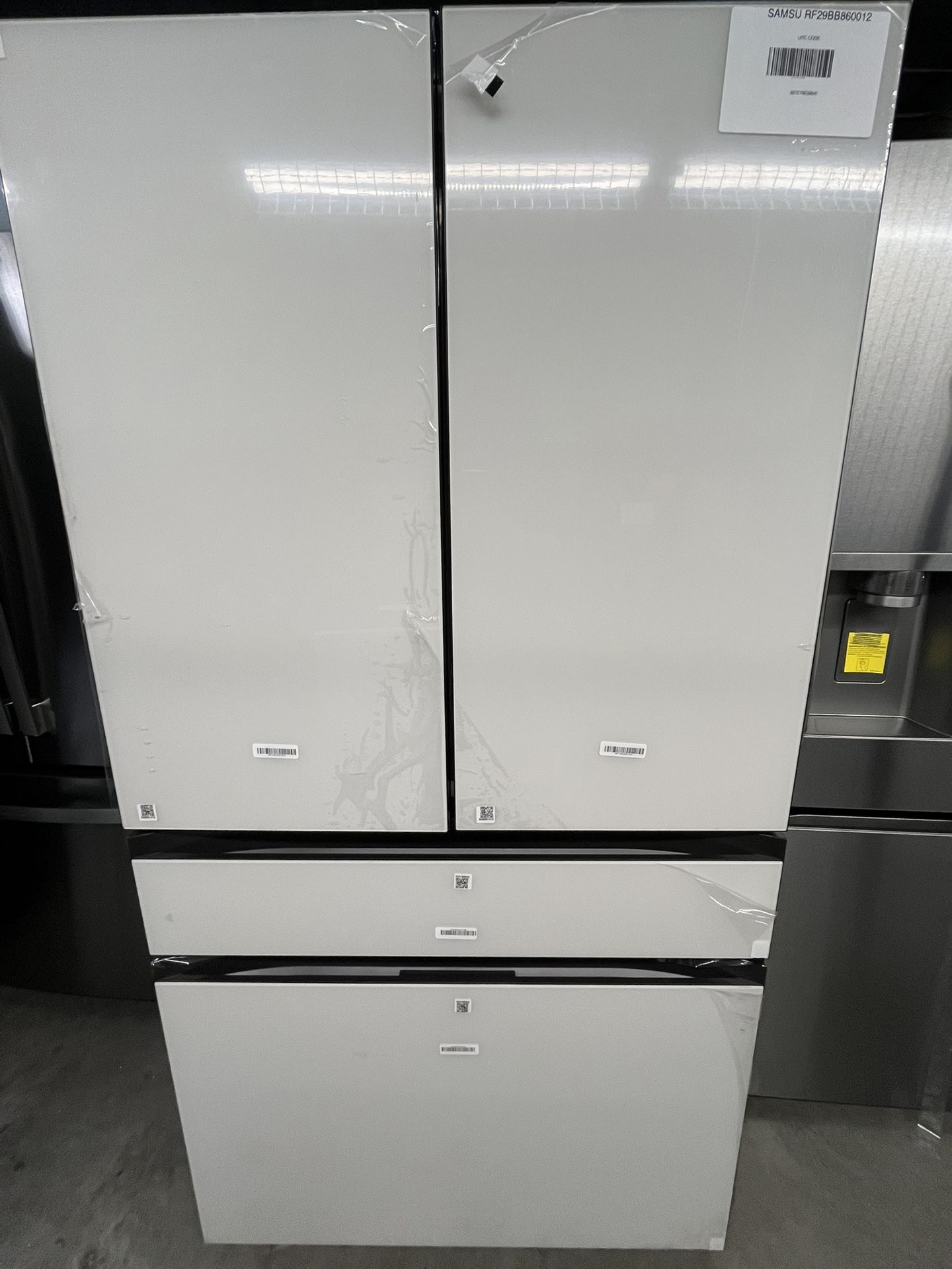 Samsung Bespoke Full Depth 4-Door French Door Refrigerator (29 cu. ft.) with Beverage Center in White Glass MODEL: RF29BB860012 MSRP: $3,399