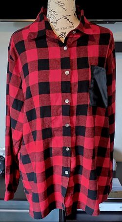 NWOT Womens Plus Size Flannel Button Down Shirt PU Leather Pocket Buffalo Plaid