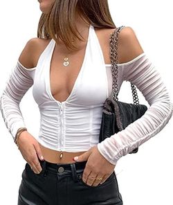 Women's Halter Long Sleeve Crop Top Deep V Neck T Shirts