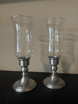 Vintage Pewter Candleholders With Etched Glass Chimneys (hurricanes)