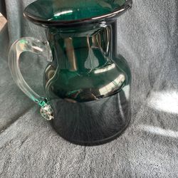 Vintage Emerald Green Art Glass Pitcher, Hand Blown Glass, Mid Century Modern Decor