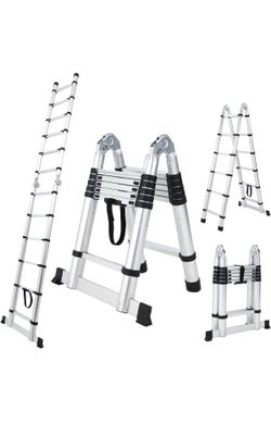 Telescoping Ladder, 12.5FT One Button Retraction Stainless Steel Telescopic Ladder with Non-Slip Feet, Slow Down Design Multi-Purpose Compact Collapsi
