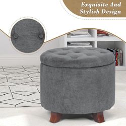 20 Inch Small Ottoman with Storage, Round Linen Fabric Storage Ottoman with Removable Lid, Stylish Footstool Foot Rest for Living Room, Bedroom, Dorm,