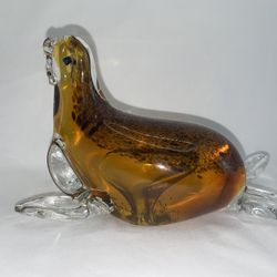 Hand-Blown Amber Art Glass Walrus Sea Lion Figurine/Statue/Paperweight