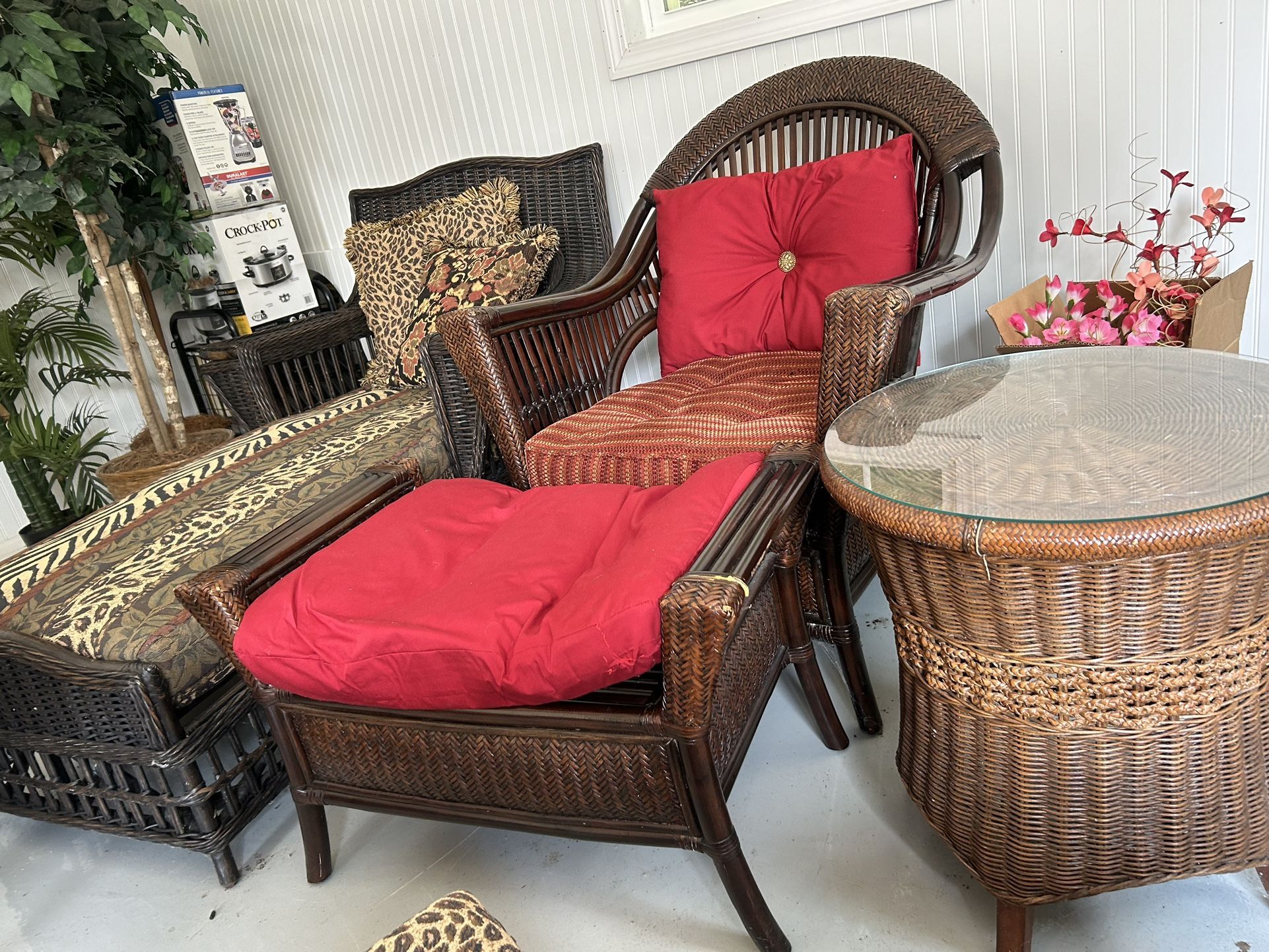 Rattan Chair and Ottoman with red cushions $95 Pickup Thurs 3-5pm