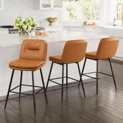 3 Pcs Set Of 24 in. Modern Metal Frame Whiskey Brown Faux Leather Upholstered Counter Stools with Footrest 