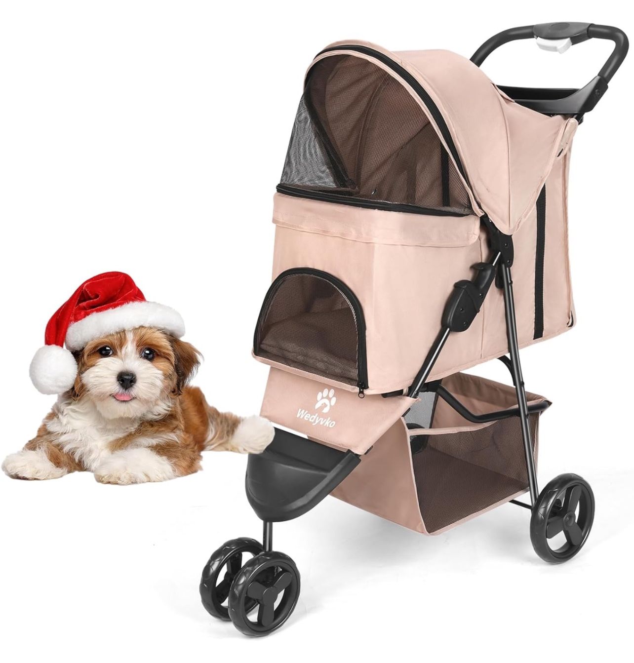 Dog Stroller, Pet Stroller for Small Dogs Cats, Up to 33 LBS with Storage Basket & Cup Holder,Khaki