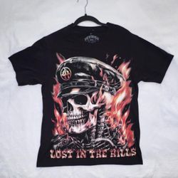 Lost In The Hills Flame Skull Graphic T-Shirt Black Size Small