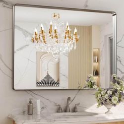 Brand new in box.48X36 Inch Brushed Nickel Bathroom Mirror, Rounded Rectangle Silver Metal