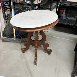 Antique Wood Side Table With Solid Marble Top