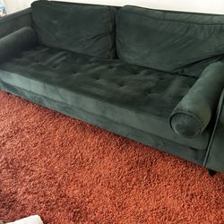 Modern Green Velvet Sofa with Bolster Pillows