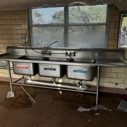 3 Compartment Commercial Stainless Steel Sink – 127” Long – Heavy Duty – $1,200