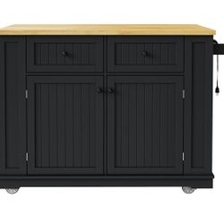 Assembled New 48 Inch Rolling Kitchen Island Cart with Built-in Power Outlet, Drop Leaf, 2 Storage Drawers