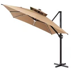 13 ft. x 10 ft. Rectangular Solar LED Patio Umbrella Heavy Duty 360° Rotation Offset Cantilever Umbrella in Tan