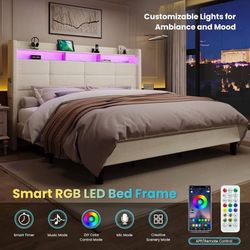 LED King Size Bed Frame with 51.2" Tall Headboard, White 2-Tier Storage Shelf wi