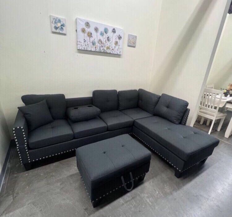Charcoal Grey Sectional Sofa With Storage Ottoman